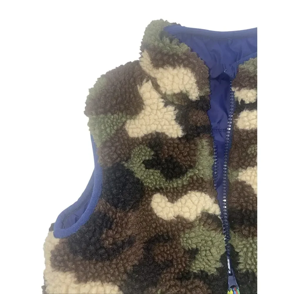 Mini Boden Reversible Camo Sherpa /blue Full Zip Vest Boys 3-4Y